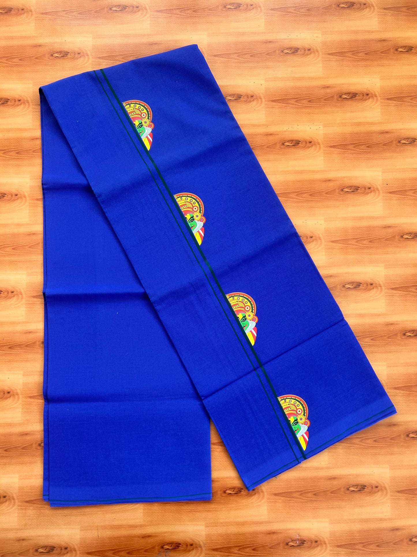 Single Kaily / Lungi- 20% Discount !! Kaitharikada - Pure Cotton - (40s) - 0.5 cm Green Kara Kathakali Printed Design Kara with Blue colour Body (2 meter / 4 muzham) - 52 KK8062 GAN