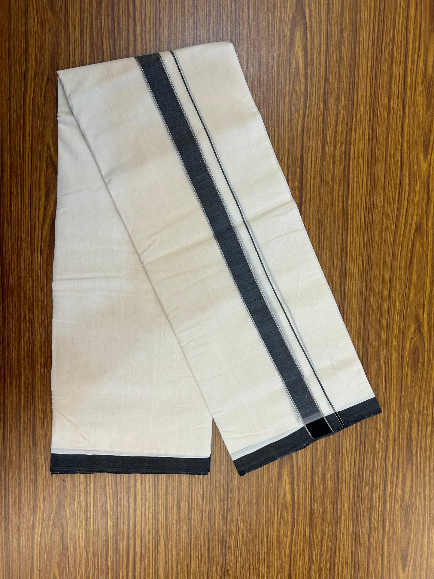 Short Dhoti Special! 25% Discount!! KaithariKada Handloom Unakkupaav - Kerala Handloom - 100% Pure Cotton Off White (Unbleached) Double Mundu/Dothi - 100x80 - 46 inches Height 1 inch Silver Kasav & Black Shaded Kara 3.70 mtr (8 muzham) - 37 KK5353 REA