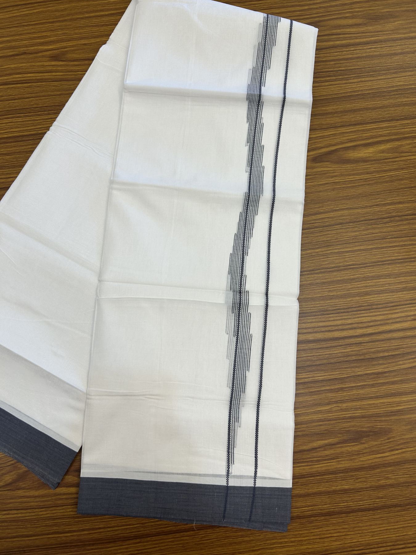 20% Discount ! Kaitharikada Balaramapuram 100% Cotton Pure White Double Mundu/Dothi - 100x80 - 0.75 inch Ash Blue Jacquard Stripes Design Kara 3.80 mtr (8 muzham) - 15 KK5323 THI