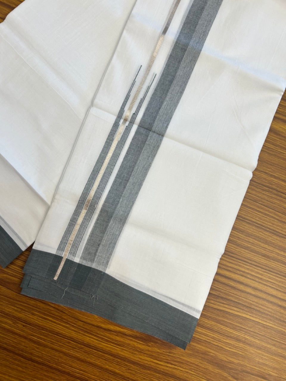 20% Discount ! KaithariKada Balaramapuram 100% Cotton Pure white Double Mundu/Dhoti - (100x80)s - 1.5 inch Silver Kasav & Dark Ash Stripes Chutty Kara 3.90 mtr (8 muzham) - 30 KK5287 PMC