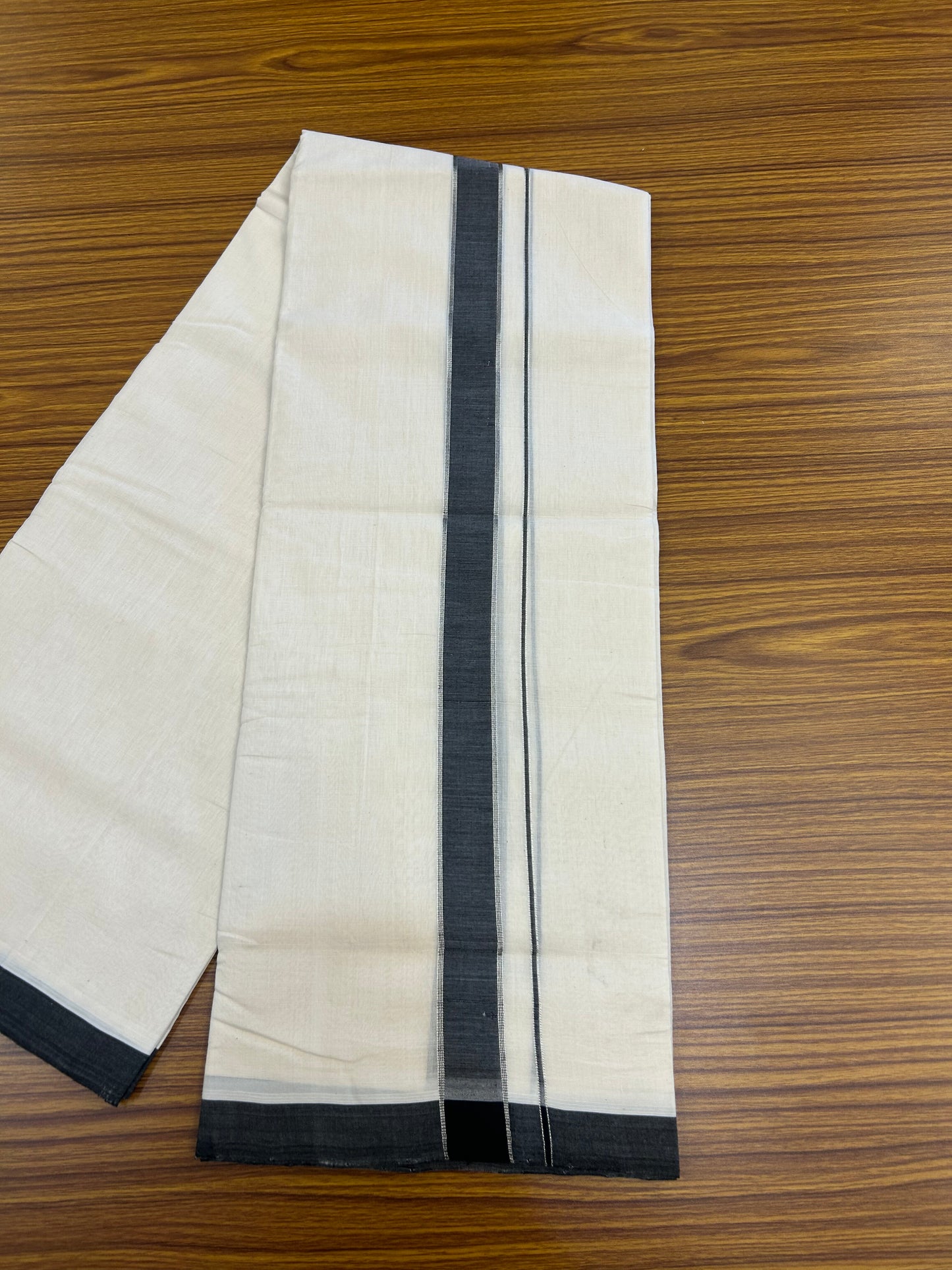 Short Dhoti Special! 25% Discount!! KaithariKada Handloom Unakkupaav - Kerala Handloom - 100% Pure Cotton Off White (Unbleached) Double Mundu/Dothi - 100x80 - 46 inches Height 1 inch Silver Kasav & Black Shaded Kara 3.70 mtr (8 muzham) - 37 KK5353 REA