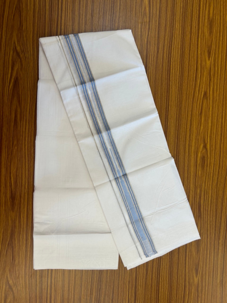 20% Discount ! KaithariKada Balaramapuram 100% Cotton Pure white Double Mundu/Dhoti - (100x80)s - 1.5 inch Silver Kasav & Sky Blue Stripes Chutty Kara 3.90 mtr (8 muzham) - 34 KK5287 PMC