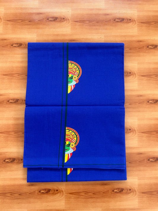 Single Kaily / Lungi- 20% Discount !! Kaitharikada - Pure Cotton - (40s) - 0.5 cm Green Kara Kathakali Printed Design Kara with Blue colour Body (2 meter / 4 muzham) - 52 KK8062 GAN
