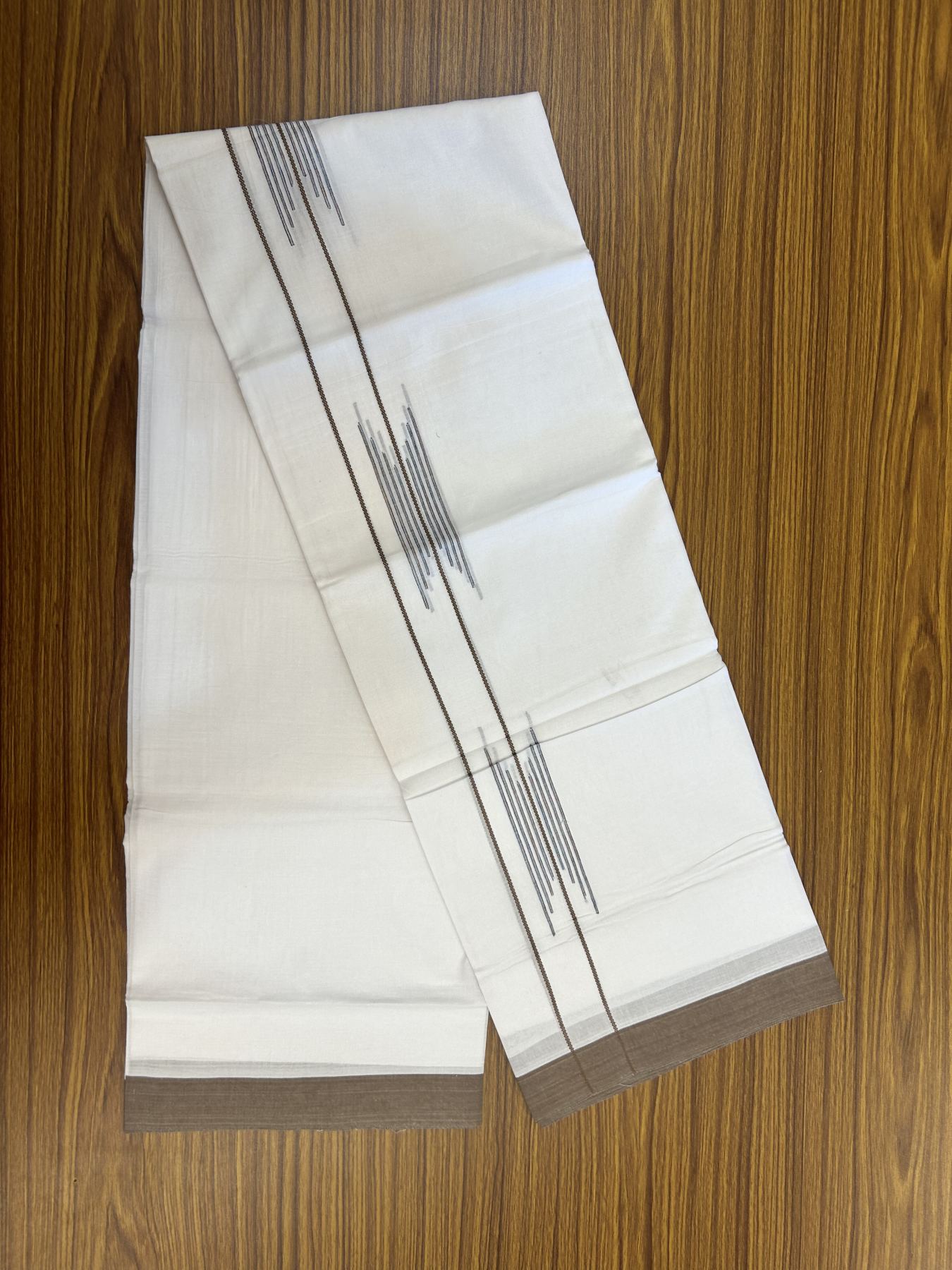20% Discount ! Kaitharikada Balaramapuram 100% Cotton Pure White Double Mundu/Dothi - 100x80 - 1.5 inch Brown & Multi Colour Stripes Design Kara 3.80 mtr (8 muzham) - 12 KK5323 THI