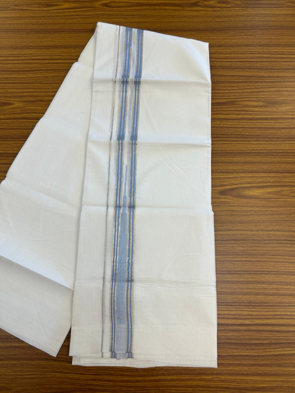 20% Discount ! KaithariKada Balaramapuram 100% Cotton Pure white Double Mundu/Dhoti - (100x80)s - 1.5 inch Silver Kasav & Sky Blue Stripes Chutty Kara 3.90 mtr (8 muzham) - 34 KK5287 PMC