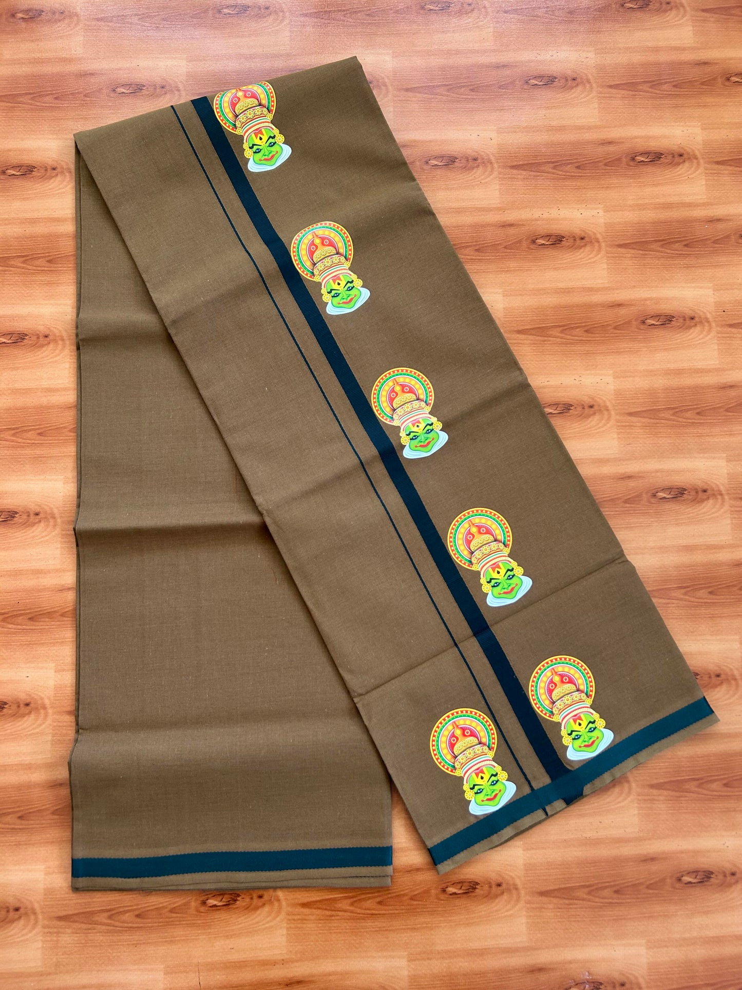 Single Kaily / Lungi- 20% Discount !! Kaitharikada - Pure Cotton - (40s) - 0.5 inch Dark Green Kara Kathakali Printed Design Kara with Brown colour Body (2 meter / 4 muzham) - 55 KK8062 GAN