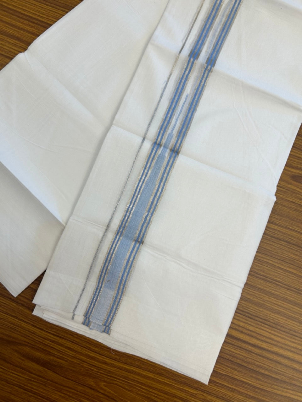 20% Discount ! KaithariKada Balaramapuram 100% Cotton Pure white Double Mundu/Dhoti - (100x80)s - 1.5 inch Silver Kasav & Sky Blue Stripes Chutty Kara 3.90 mtr (8 muzham) - 34 KK5287 PMC