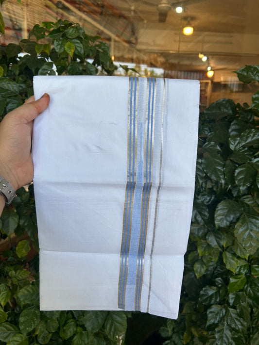 20% Discount ! KaithariKada Balaramapuram 100% Cotton Pure white Double Mundu/Dhoti - (100x80)s - 1.5 inch Silver Kasav & Sky Blue Stripes Chutty Kara 3.90 mtr (8 muzham) - 34 KK5287 PMC
