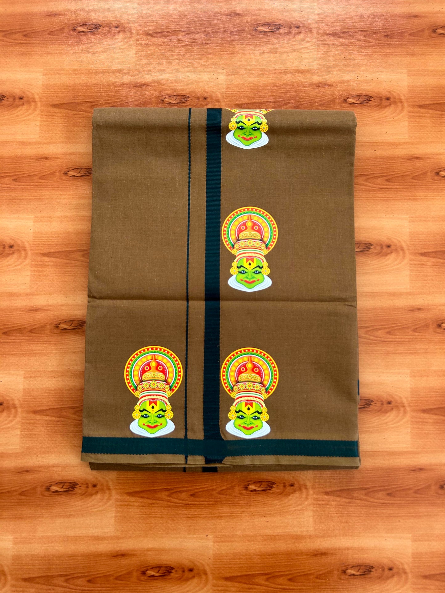 Single Kaily / Lungi- 20% Discount !! Kaitharikada - Pure Cotton - (40s) - 0.5 inch Dark Green Kara Kathakali Printed Design Kara with Brown colour Body (2 meter / 4 muzham) - 55 KK8062 GAN