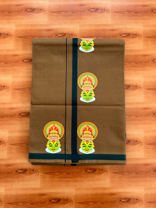 Single Kaily / Lungi- 20% Discount !! Kaitharikada - Pure Cotton - (40s) - 0.5 inch Dark Green Kara Kathakali Printed Design Kara with Brown colour Body (2 meter / 4 muzham) - 55 KK8062 GAN