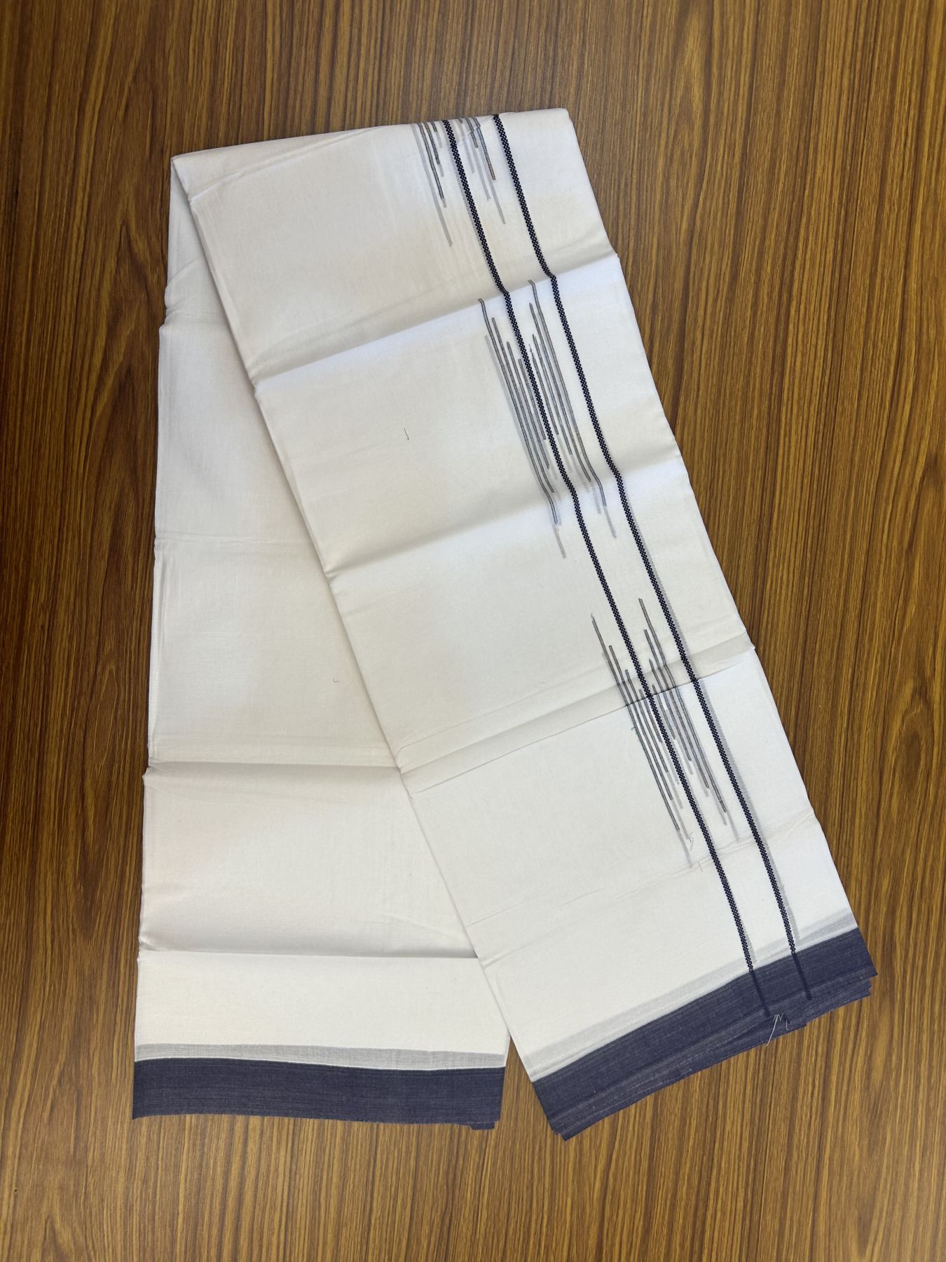20% Discount ! Kaitharikada Balaramapuram 100% Cotton Pure White Double Mundu/Dothi - 100x80 - 1.5 inch Navy Blue & Multi Colour Stripes Design Kara 3.80 mtr (8 muzham) - 13 KK5323 THI