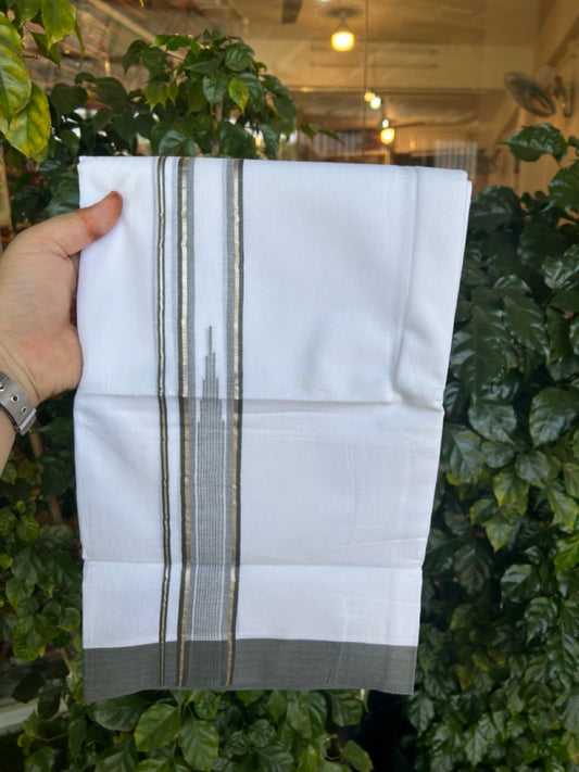 20% Discount ! KaithariKada Balaramapuram 100% Cotton Pure white Double Mundu/Dhoti - (100x80)s - 1.5 inch Silver Kasav & Ash Grey Stripes Chutty Kara 3.90 mtr (8 muzham) - 33 KK5287 PMC