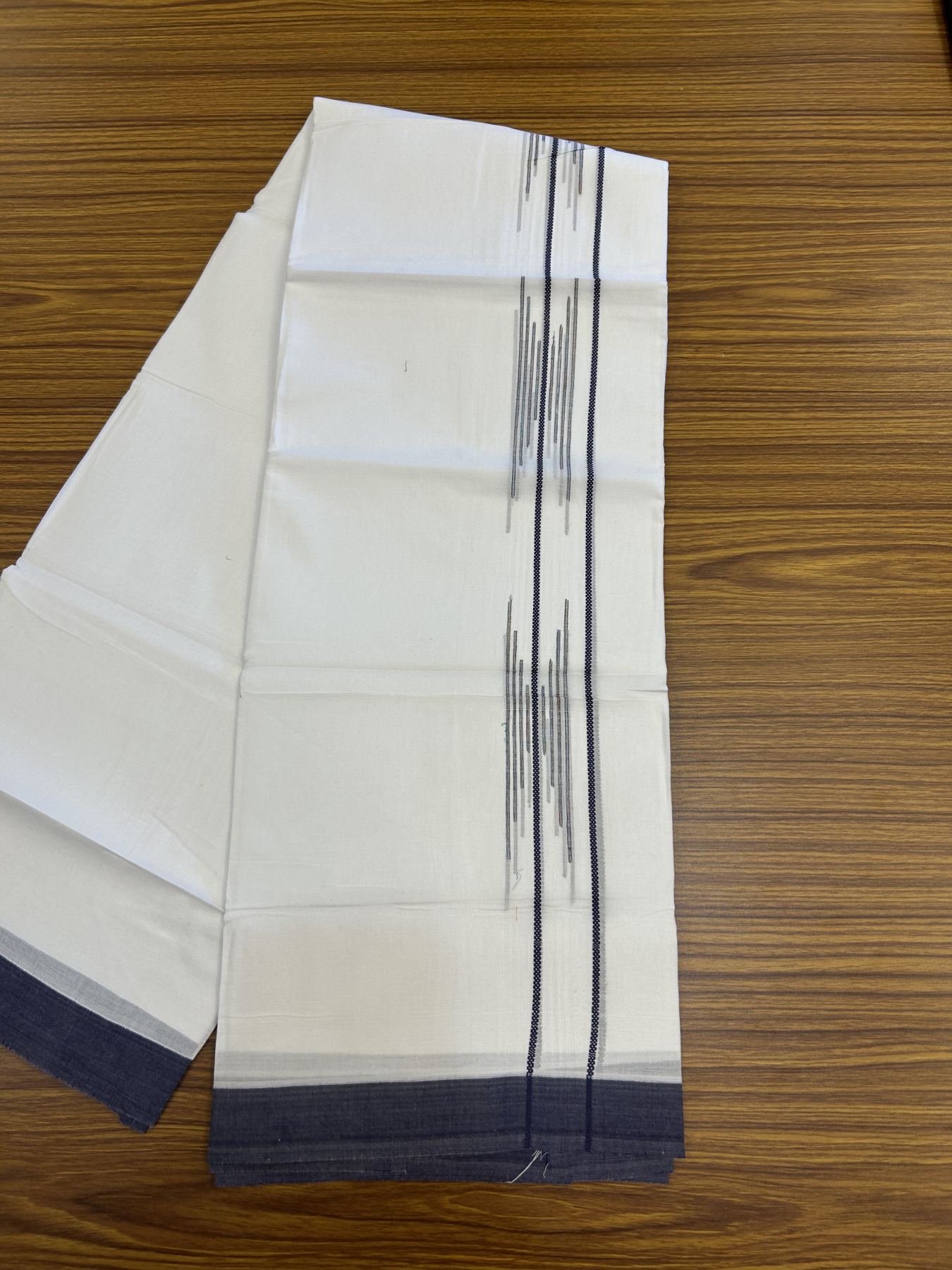 20% Discount ! Kaitharikada Balaramapuram 100% Cotton Pure White Double Mundu/Dothi - 100x80 - 1.5 inch Navy Blue & Multi Colour Stripes Design Kara 3.80 mtr (8 muzham) - 13 KK5323 THI