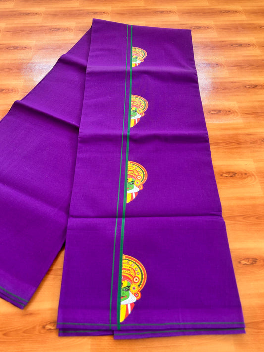 Single Kaily / Lungi- 20% Discount !! Kaitharikada - Pure Cotton - (40s) - 0.5 cm Green Kara Kathakali Printed Design Kara with Grape colour Body (2 meter / 4 muzham) - 51 KK8062 GAN