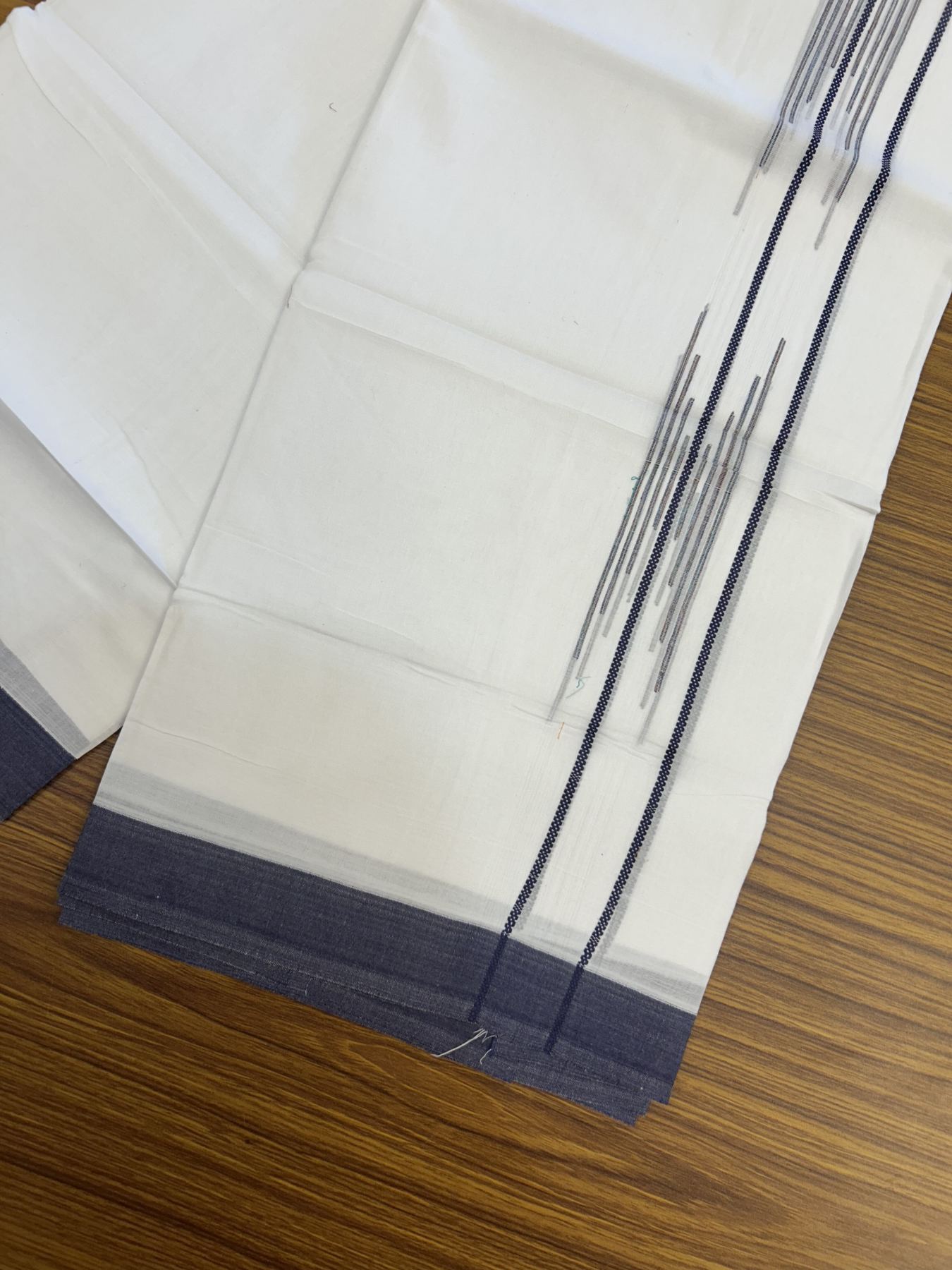 20% Discount ! Kaitharikada Balaramapuram 100% Cotton Pure White Double Mundu/Dothi - 100x80 - 1.5 inch Navy Blue & Multi Colour Stripes Design Kara 3.80 mtr (8 muzham) - 13 KK5323 THI