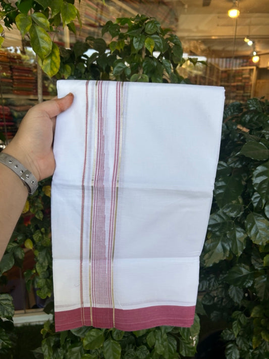 20% Discount ! KaithariKada Balaramapuram 100% Cotton Pure white Double Mundu/Dhoti - (100x80)s - 1.5 inch Silver Kasav & Light Maroon Stripes Chutty Kara 3.90 mtr (8 muzham) - 32 KK5287 PMC