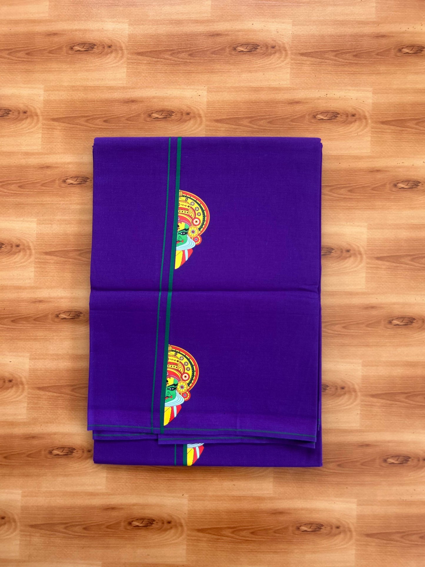 Single Kaily / Lungi- 20% Discount !! Kaitharikada - Pure Cotton - (40s) - 0.5 cm Green Kara Kathakali Printed Design Kara with Grape colour Body (2 meter / 4 muzham) - 51 KK8062 GAN