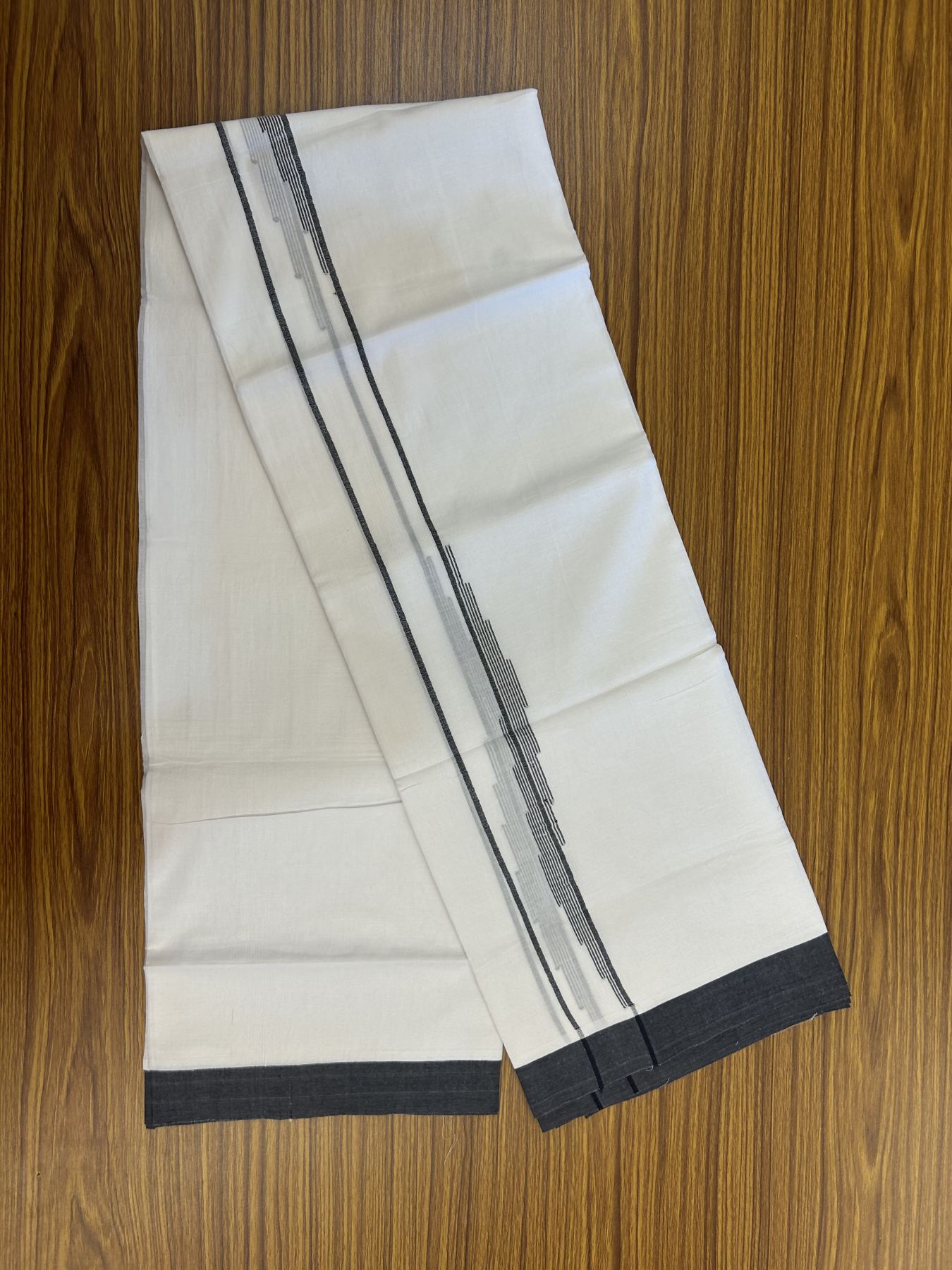 20% Discount ! Kaitharikada Balaramapuram 100% Cotton Pure White Double Mundu/Dothi - 100x80 - 0.75 inch Black Stripes Design Kara 3.80 mtr (8 muzham) - 16 KK5323 THI