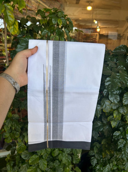20% Discount ! KaithariKada Balaramapuram 100% Cotton Pure white Double Mundu/Dhoti - (100x80)s - 1.5 inch Silver Kasav & Black Stripes Chutty Kara 3.90 mtr (8 muzham) - 31 KK5287 PMC