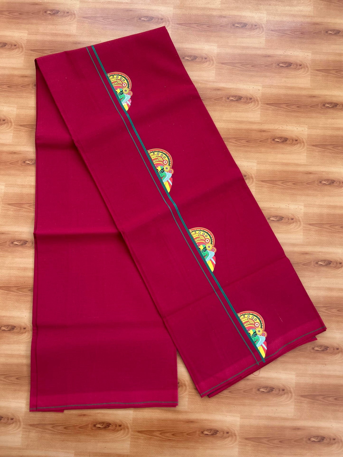 Single Kaily / Lungi- 20% Discount !! Kaitharikada - Pure Cotton - (40s) - 0.5 cm Green Kara Multi Printed Design Kara with Maroon colour Body (2 meter / 4 muzham) - 50 KK8062 GAN