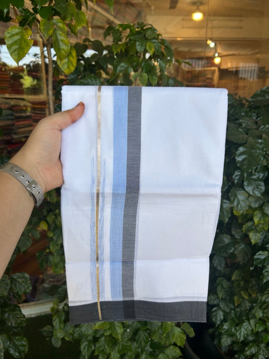 20% Discount ! KaithariKada Balaramapuram 100% Cotton Pure white Double Mundu/Dhoti - (100x80)s - 1.75 inch Silver Kasav Light Blue & Black Stripes Chutty Kara 3.90 mtr (8 muzham) - 37 KK5287 PMC