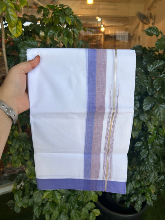20% Discount ! KaithariKada Balaramapuram 100% Cotton Pure white Double Mundu/Dhoti - (100x80)s - 1.75 inch Silver Kasav Violet Blue & Maroon Stripes Chutty Kara 3.90 mtr (8 muzham) - 36 KK5287 PMC
