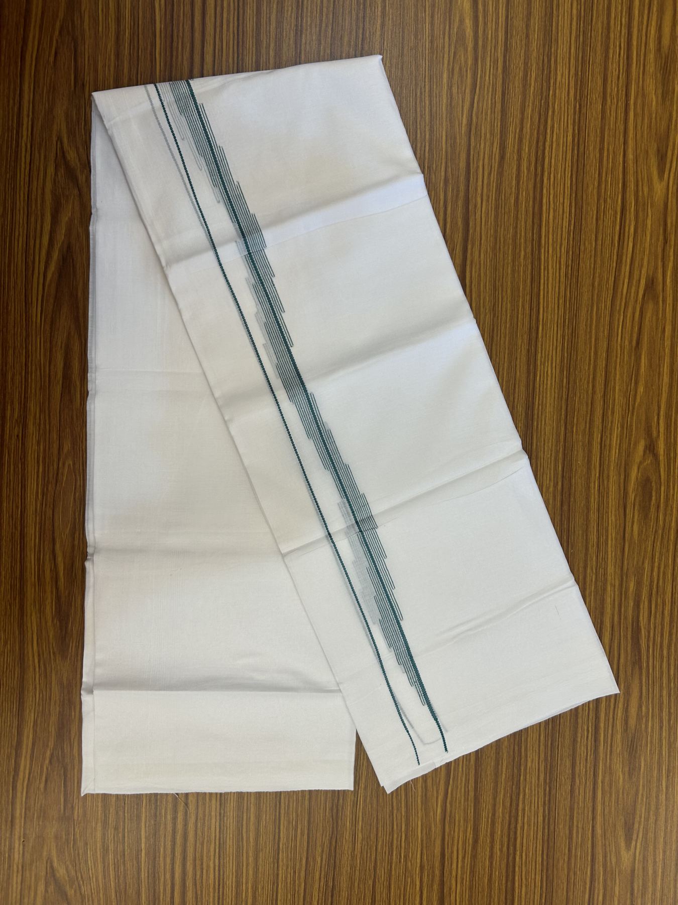 20% Discount ! Kaitharikada Balaramapuram 100% Cotton Pure White Double Mundu/Dothi - 100x80 - 0.75 inch Green Stripes Jacquard Design Kara 3.80 mtr (8 muzham) - 13 KK5323 THI