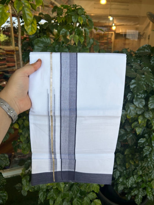 20% Discount ! KaithariKada Balaramapuram 100% Cotton Pure white Double Mundu/Dhoti - (100x80)s - 1.5 inch Silver Kasav & Navy Blue Stripes Chutty Kara 3.90 mtr (8 muzham) - 28 KK5287 PMC