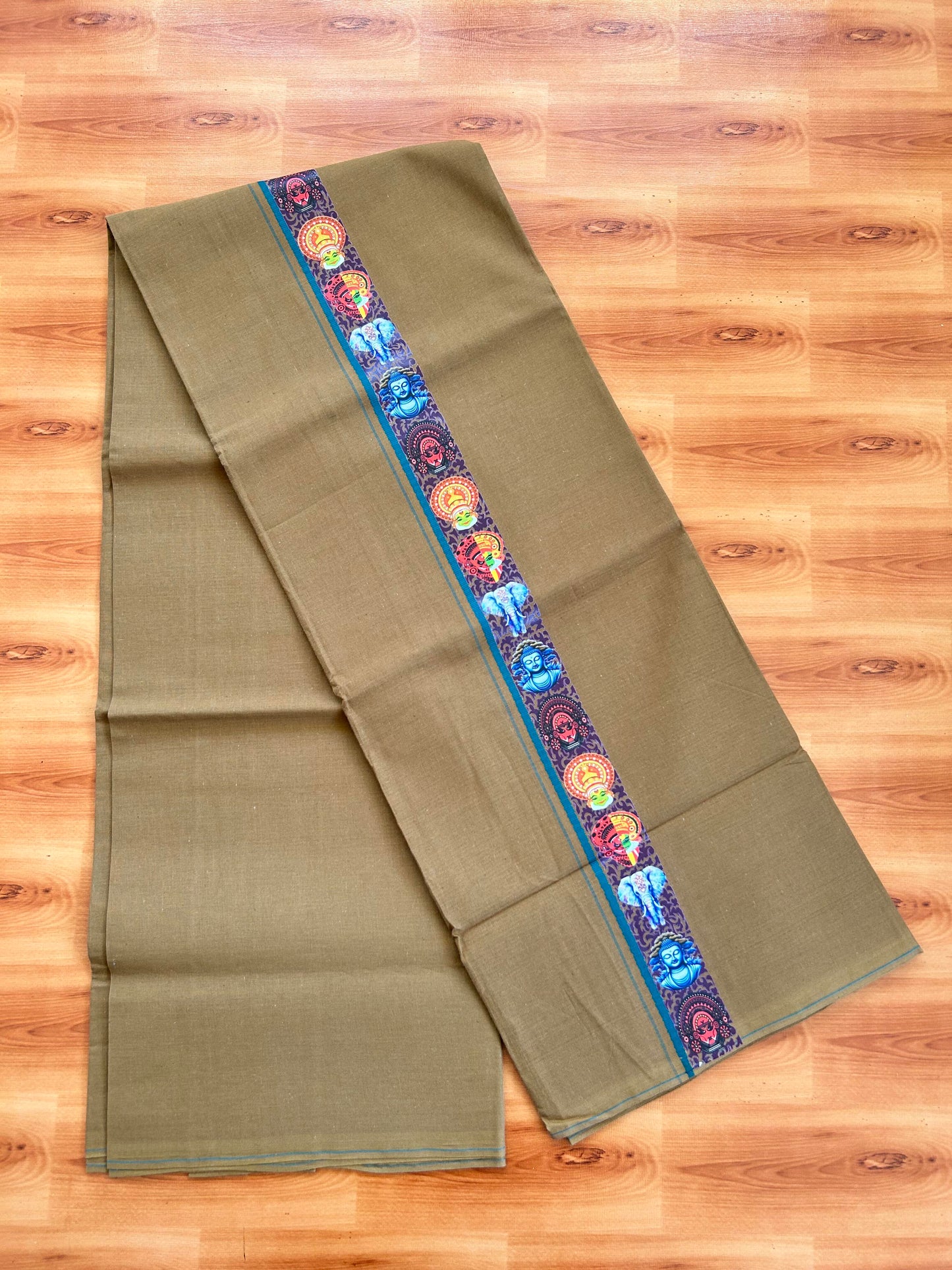 Single Kaily / Lungi- 20% Discount !! Kaitharikada - Pure Cotton - (40s) - 0.5 cm Green Kara Multi Printed Design Kara with Brown colour Body (2 meter / 4 muzham) - 49 KK8062 GAN