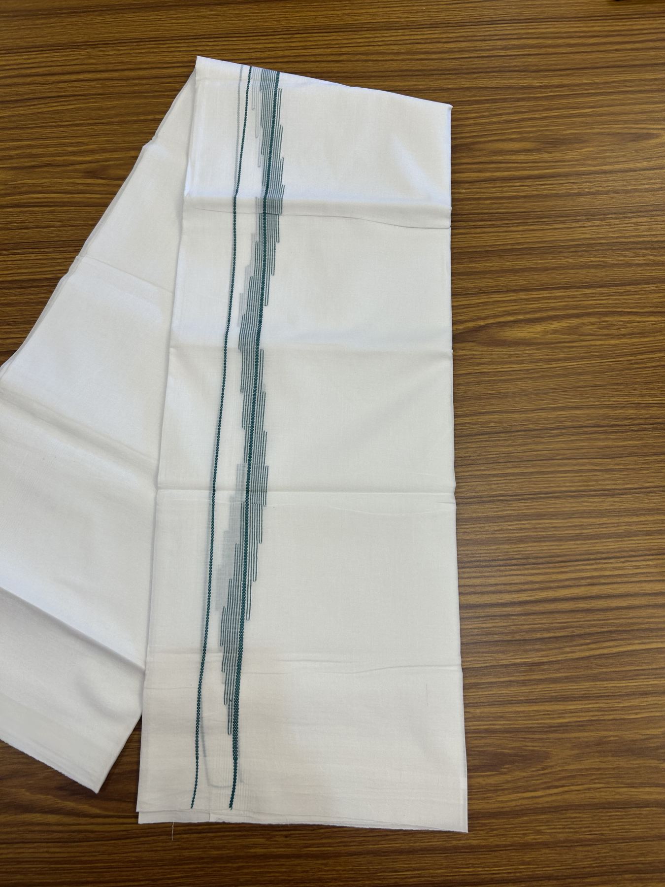 20% Discount ! Kaitharikada Balaramapuram 100% Cotton Pure White Double Mundu/Dothi - 100x80 - 0.75 inch Green Stripes Jacquard Design Kara 3.80 mtr (8 muzham) - 13 KK5323 THI