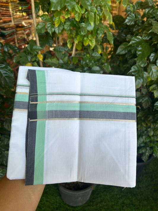 20% Discount ! KaithariKada Balaramapuram 100% Cotton Pure white Double Mundu/Dhoti - (100x80)s - 1.75 inch Silver Kasav Black & Turquoise Green Stripes Chutty Kara 3.90 mtr (8 muzham) - 35 KK5287 PMC