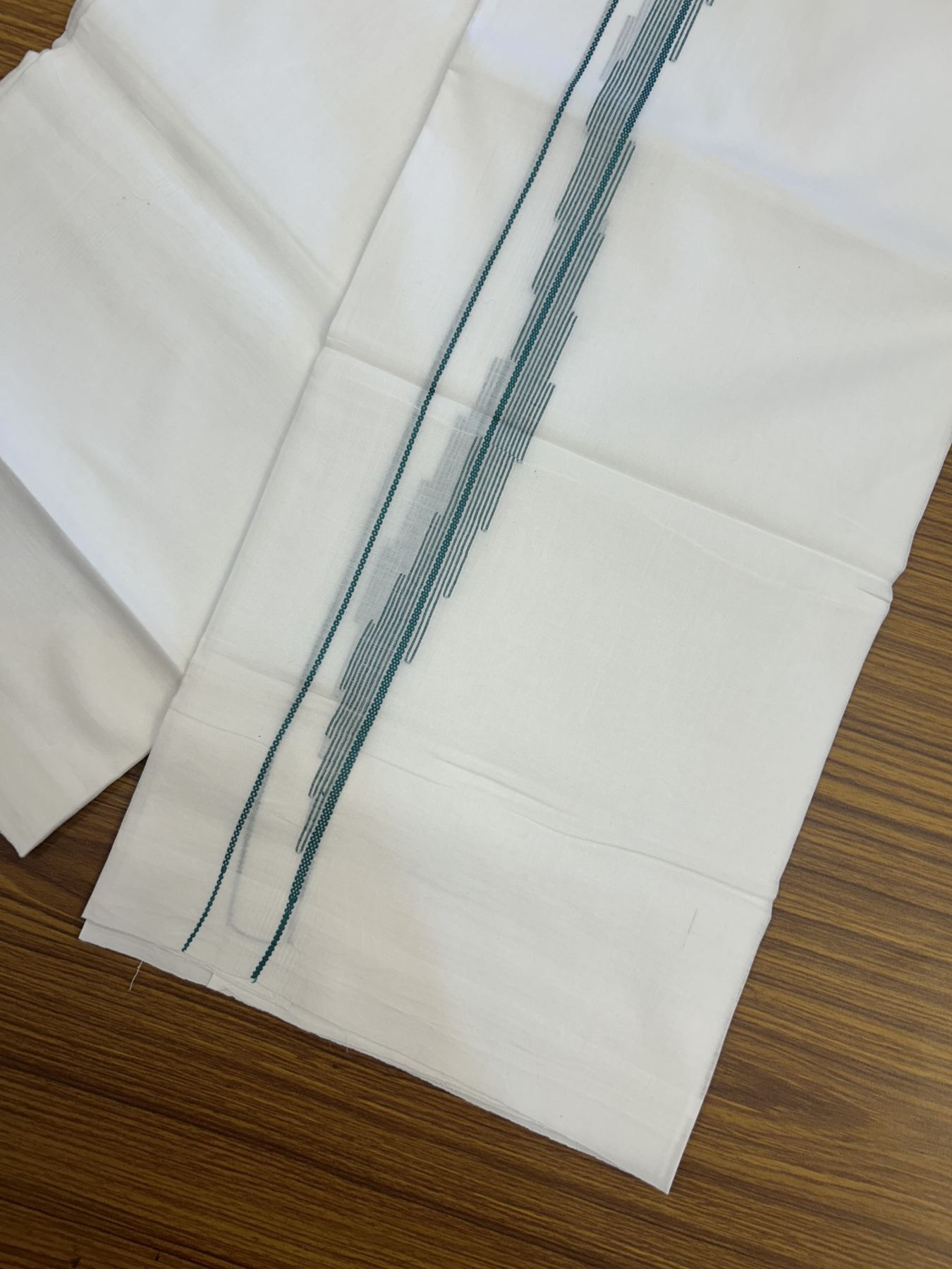 20% Discount ! Kaitharikada Balaramapuram 100% Cotton Pure White Double Mundu/Dothi - 100x80 - 0.75 inch Green Stripes Jacquard Design Kara 3.80 mtr (8 muzham) - 13 KK5323 THI