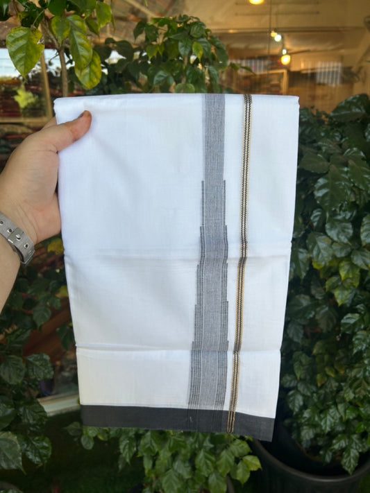 20% Discount ! KaithariKada Balaramapuram 100% Cotton Pure white Double Mundu/Dhoti - (100x80)s - 1.5 inch Silver Kasav & Black Stripes Chutty Kara 3.90 mtr (8 muzham) - 26 KK5287 PMC