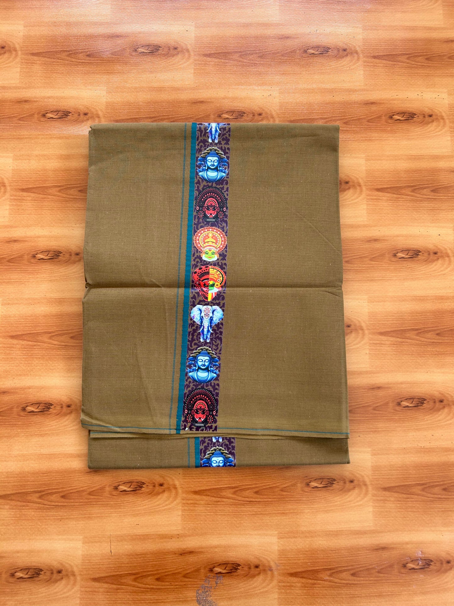 Single Kaily / Lungi- 20% Discount !! Kaitharikada - Pure Cotton - (40s) - 0.5 cm Green Kara Multi Printed Design Kara with Brown colour Body (2 meter / 4 muzham) - 49 KK8062 GAN