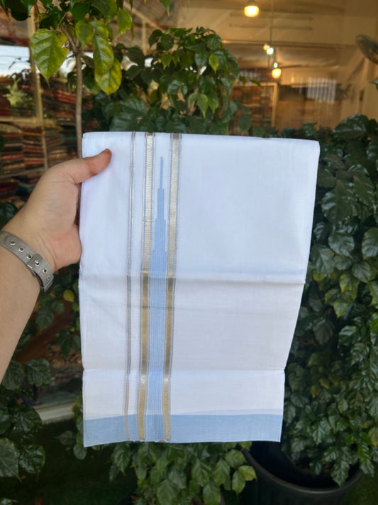 20% Discount ! KaithariKada Balaramapuram 100% Cotton Pure white Double Mundu/Dhoti - (100x80)s - 1.5 inch Silver Kasav & Light Sky Blue Shades Stripes Chutty Kara 3.90 mtr (8 muzham) - 24 KK5287 PMC