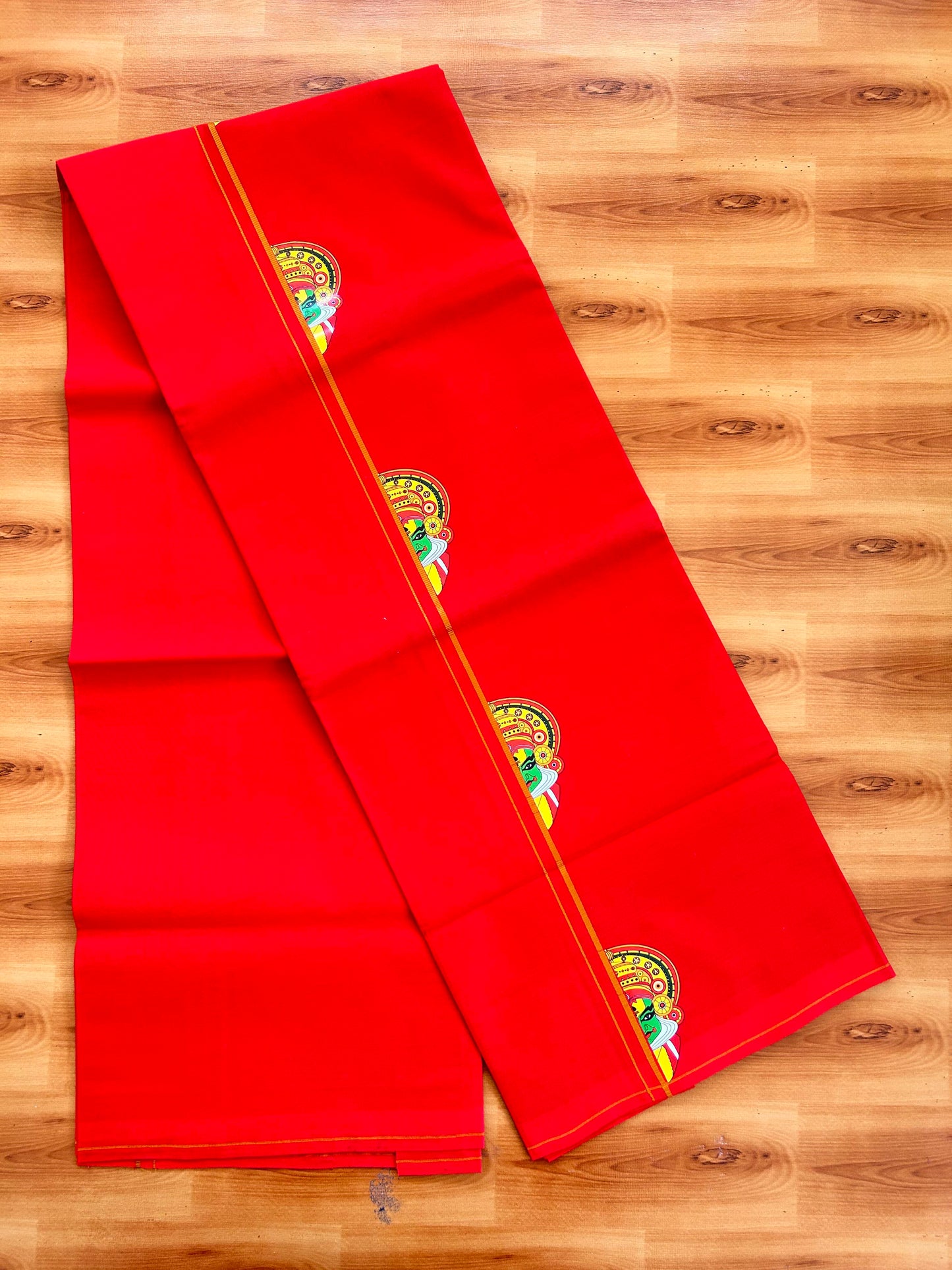 Single Kaily / Lungi- 20% Discount !! Kaitharikada - Pure Cotton - (40s) - 0.5 cm Brown Kara Kathakali Printed Design Kara with Chilli Red colour Body (2 meter / 4 muzham) -48 KK8062 GAN