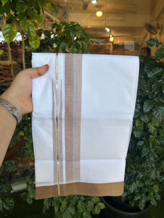 20% Discount ! KaithariKada Balaramapuram 100% Cotton Pure white Double Mundu/Dhoti - (100x80)s - 1.5 inch Silver Kasav & Light Brown Shades Stripes Chutty Kara 3.90 mtr (8 muzham) - 23 KK5287 PMC