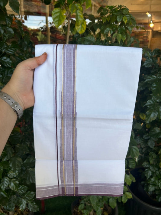 20% Discount ! KaithariKada Balaramapuram 100% Cotton Pure white Double Mundu/Dhoti - (100x80)s - 1.5 inch Silver Kasav & Wine Purple Shades Stripes Chutty Kara 3.90 mtr (8 muzham) - 22 KK5287 PMC