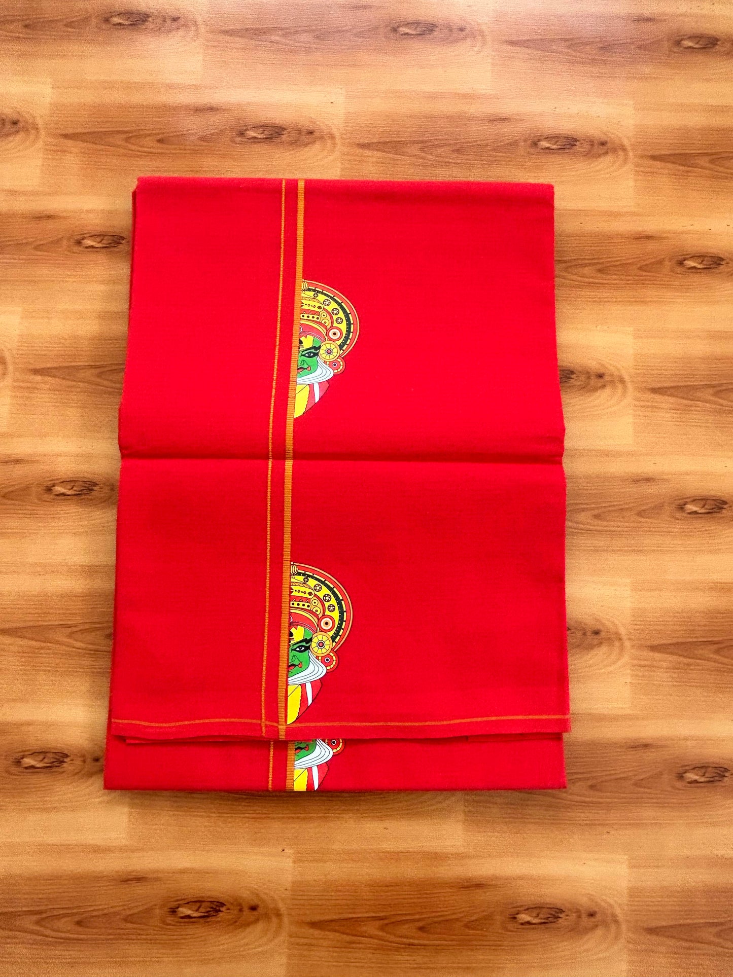 Single Kaily / Lungi- 20% Discount !! Kaitharikada - Pure Cotton - (40s) - 0.5 cm Brown Kara Kathakali Printed Design Kara with Chilli Red colour Body (2 meter / 4 muzham) -48 KK8062 GAN