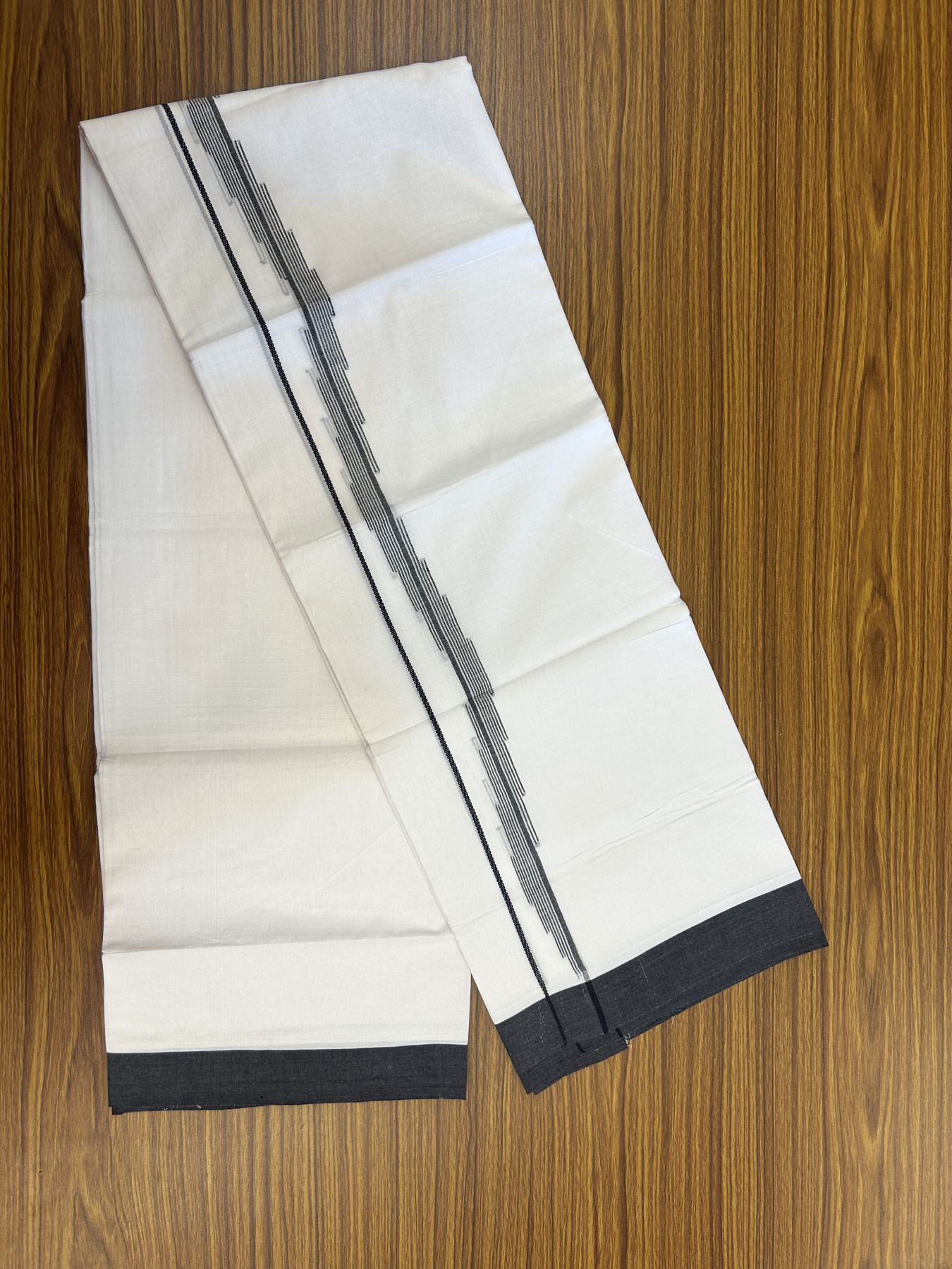20% Discount ! Kaitharikada Balaramapuram 100% Cotton Pure White Double Mundu/Dothi - 100x80 - 0.75 inch Black Jacquard Stripes Design Kara 3.80 mtr (8 muzham) - 17 KK5323 THI