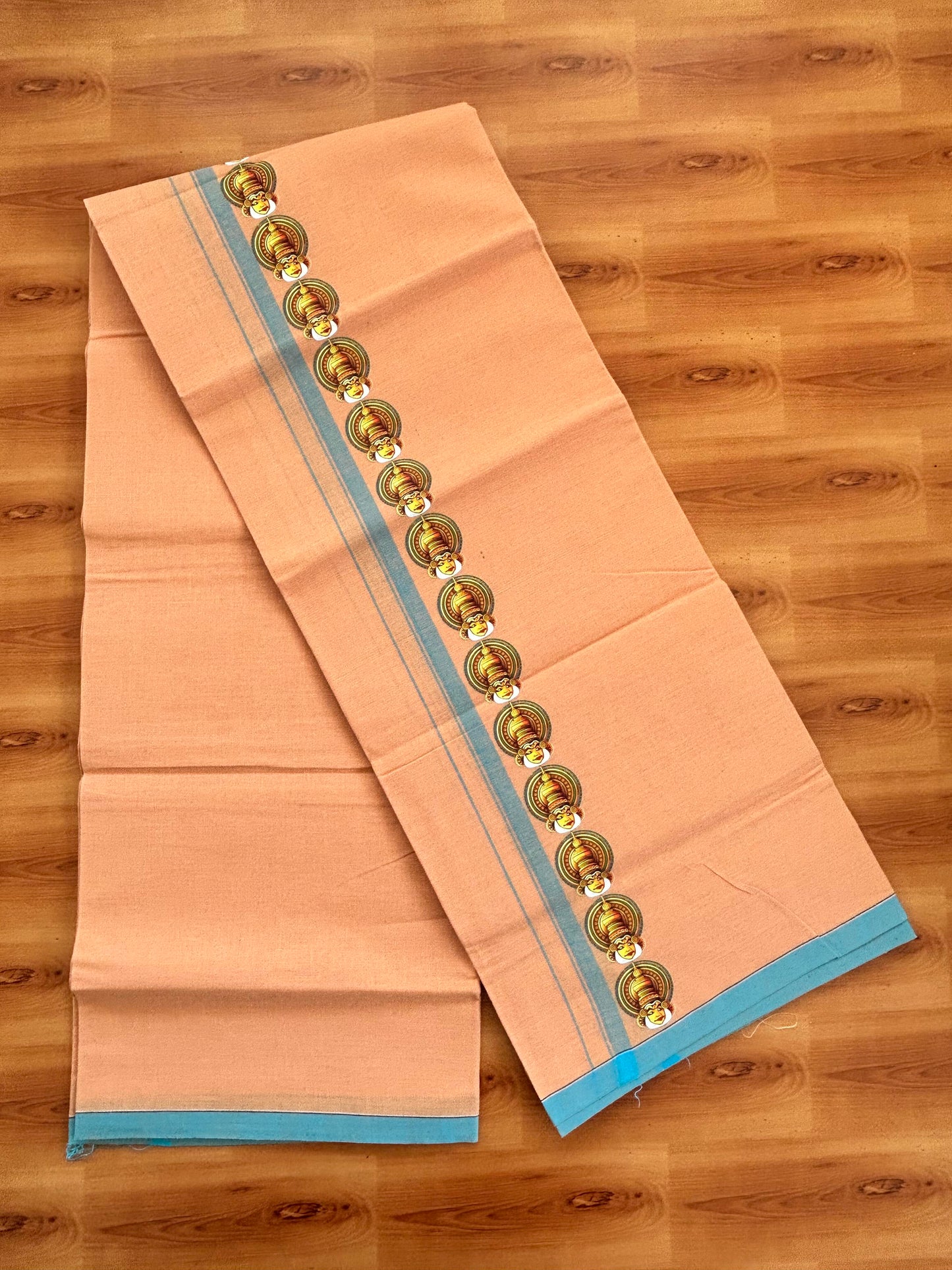 Single Kaily / Lungi- Kaitharikada - Pure Cotton - (40s) - Kathakali Printed Design 0.5 inch Light Blue Kara with Light Kavi Colour Body (2 meter / 4 muzham) - 57 KK8062 GAN