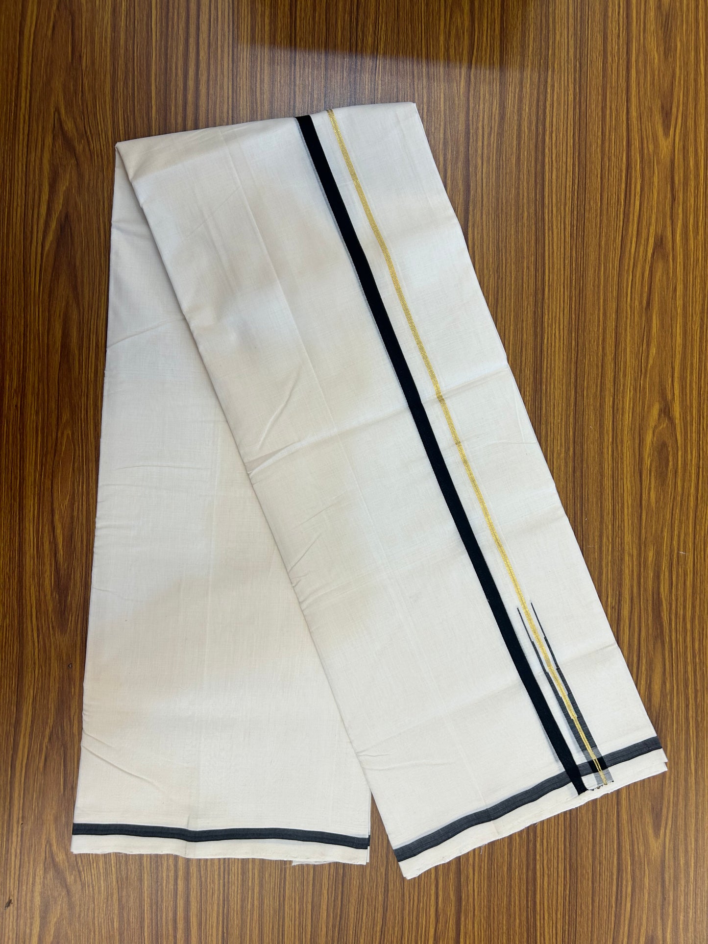 25% Discount!! KaithariKada Handloom Unakkupaav - Kerala Handloom - 100% Pure Cotton Off White - (Unbleached) Double Mundu/Dothi - 100x80 - 0.5 inch Puliyilakkara Gold Kasav & Black Chutty Kara 4 mtr (8.5 muzham) - 47 KK5353 REA