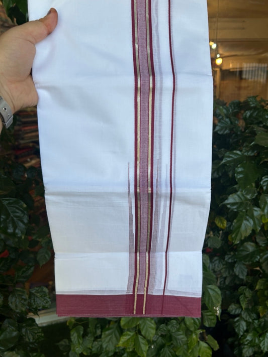 20% Discount ! KaithariKada Balaramapuram 100% Cotton Pure white Double Mundu/Dhoti - (100x80)s - 1.5 inch Silver Kasav & Maroon Stripes Chutty Kara 3.90 mtr (8 muzham) - 29 KK5287 PMC