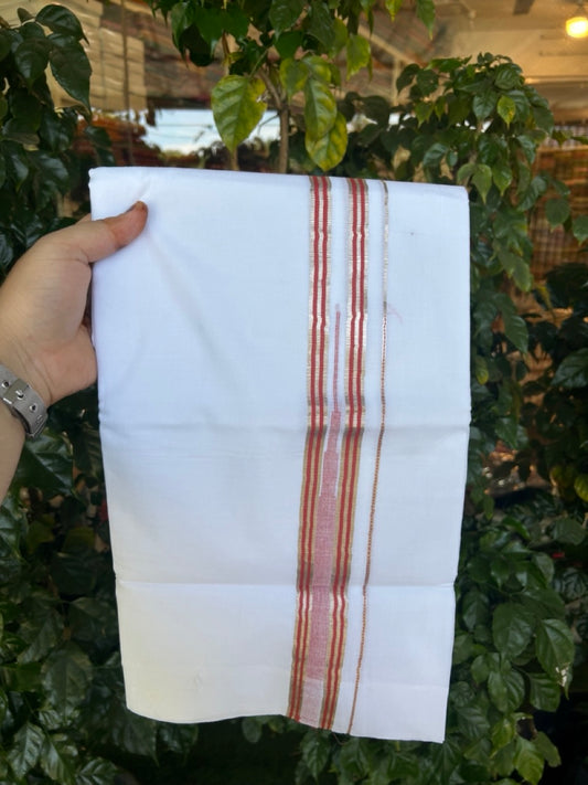 20% Discount ! KaithariKada Balaramapuram 100% Cotton Pure white Double Mundu/Dhoti - (100x80)s - 1.5 inch Silver Kasav & Red Stripes Chutty Kara 3.90 mtr (8 muzham) - 25 KK5287 PMC