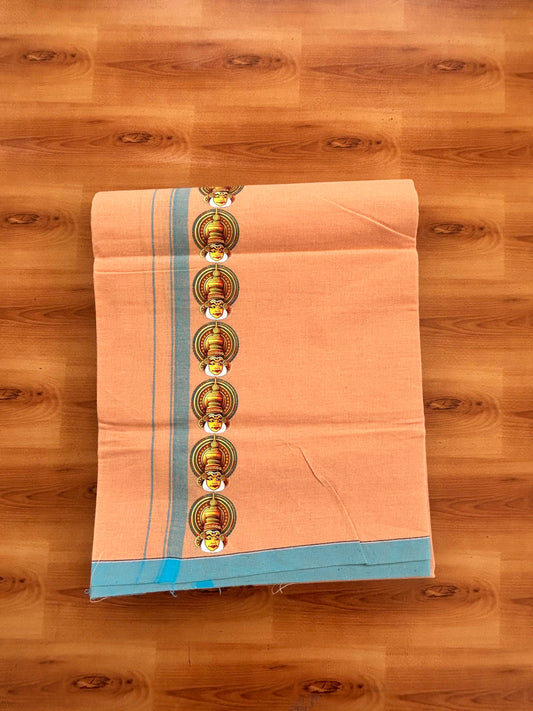 Single Kaily / Lungi- Kaitharikada - Pure Cotton - (40s) - Kathakali Printed Design 0.5 inch Light Blue Kara with Light Kavi Colour Body (2 meter / 4 muzham) - 57 KK8062 GAN