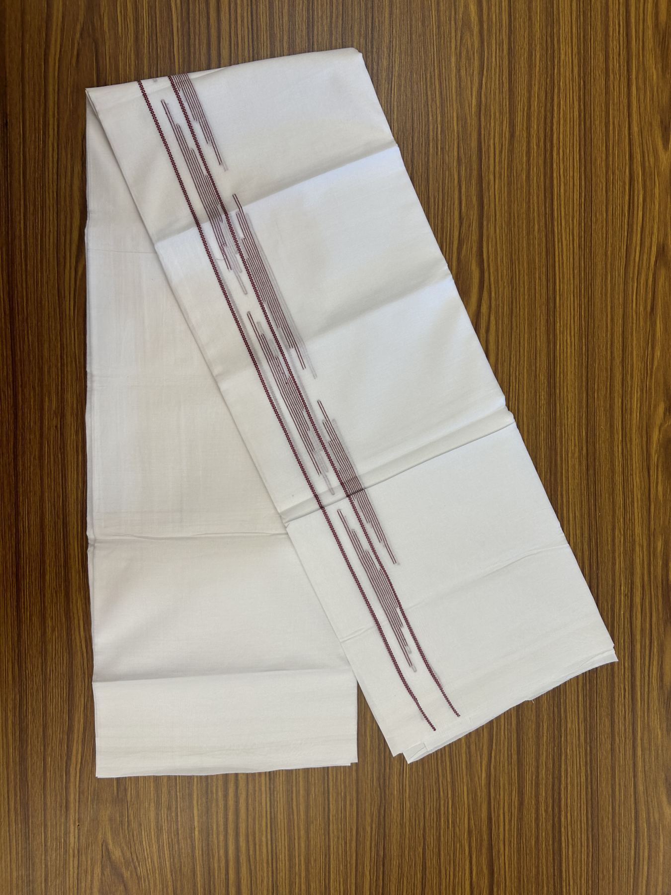 20% Discount ! Kaitharikada Balaramapuram 100% Cotton Pure White Double Mundu/Dothi - 100x80 - 0.75 inch Light Maroon Jacquard Stripes Design Kara 3.80 mtr (8 muzham) - 18 KK5323 THI