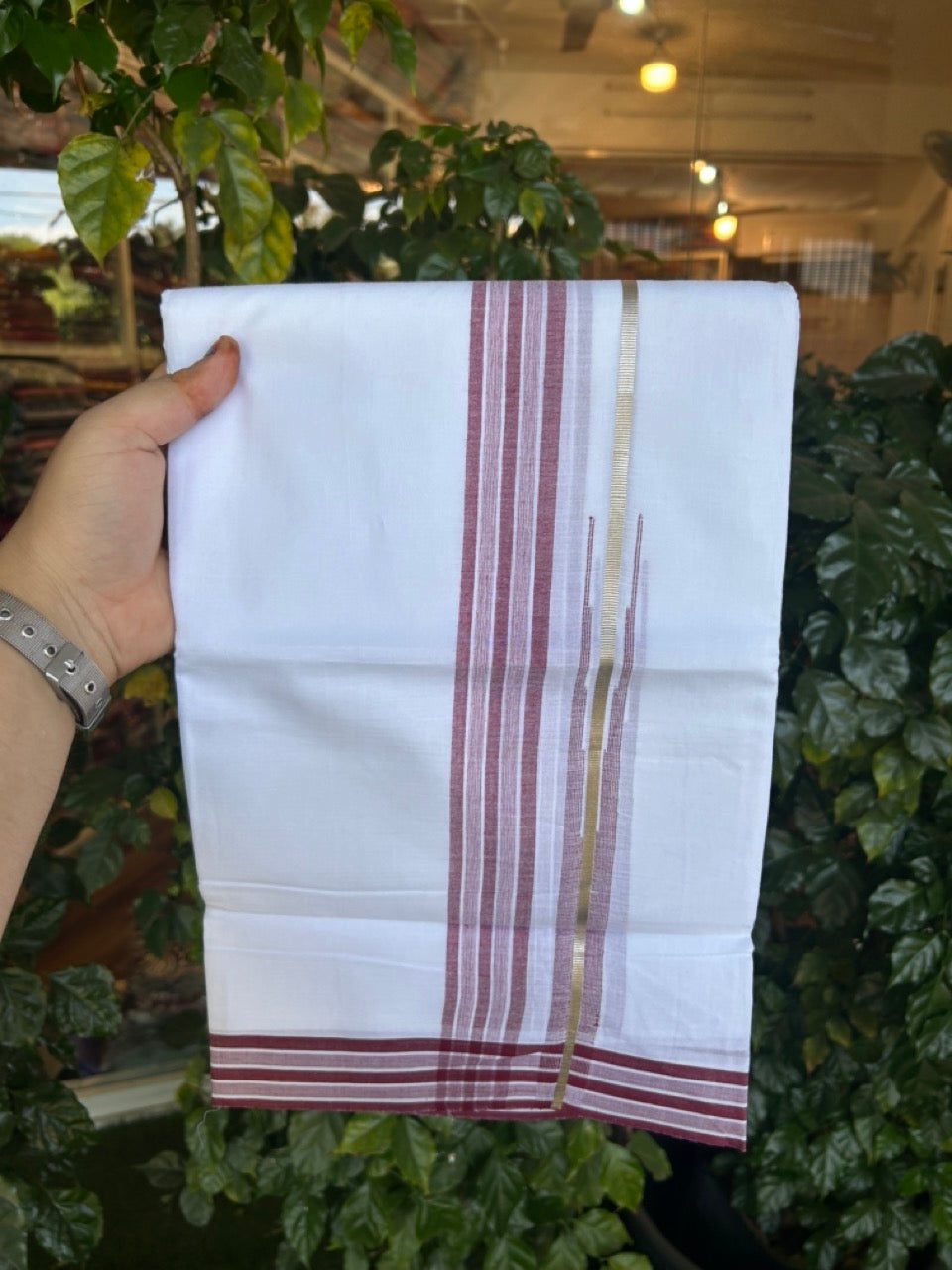 20% Discount ! KaithariKada Balaramapuram 100% Cotton Pure white Double Mundu/Dhoti - (100x80)s - 1.5 inch Silver Kasav & Maroon Shades Stripes Chutty Kara 3.90 mtr (8 muzham) - 20 KK5287 PMC