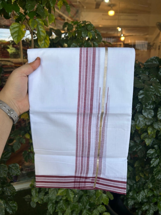 20% Discount ! KaithariKada Balaramapuram 100% Cotton Pure white Double Mundu/Dhoti - (100x80)s - 1.5 inch Silver Kasav & Maroon Shades Stripes Chutty Kara 3.90 mtr (8 muzham) - 20 KK5287 PMC