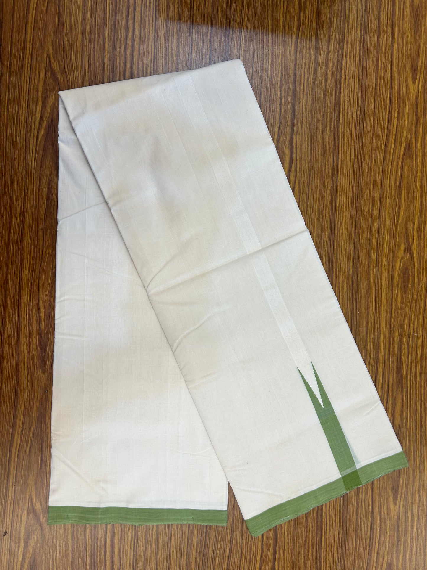 25% Discount!! KaithariKada Handloom Unakkupaav - Kerala Handloom - 100% Pure Cotton Off White - (Unbleached) Double Mundu/Dothi - 100x80 - 1 inch Puliyilakkara Green Chutty Kara 4 mtr (8.5 muzham) - 48 KK5353 REA