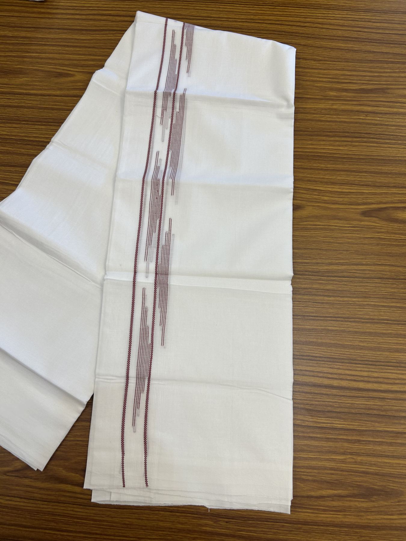 20% Discount ! Kaitharikada Balaramapuram 100% Cotton Pure White Double Mundu/Dothi - 100x80 - 0.75 inch Light Maroon Jacquard Stripes Design Kara 3.80 mtr (8 muzham) - 18 KK5323 THI